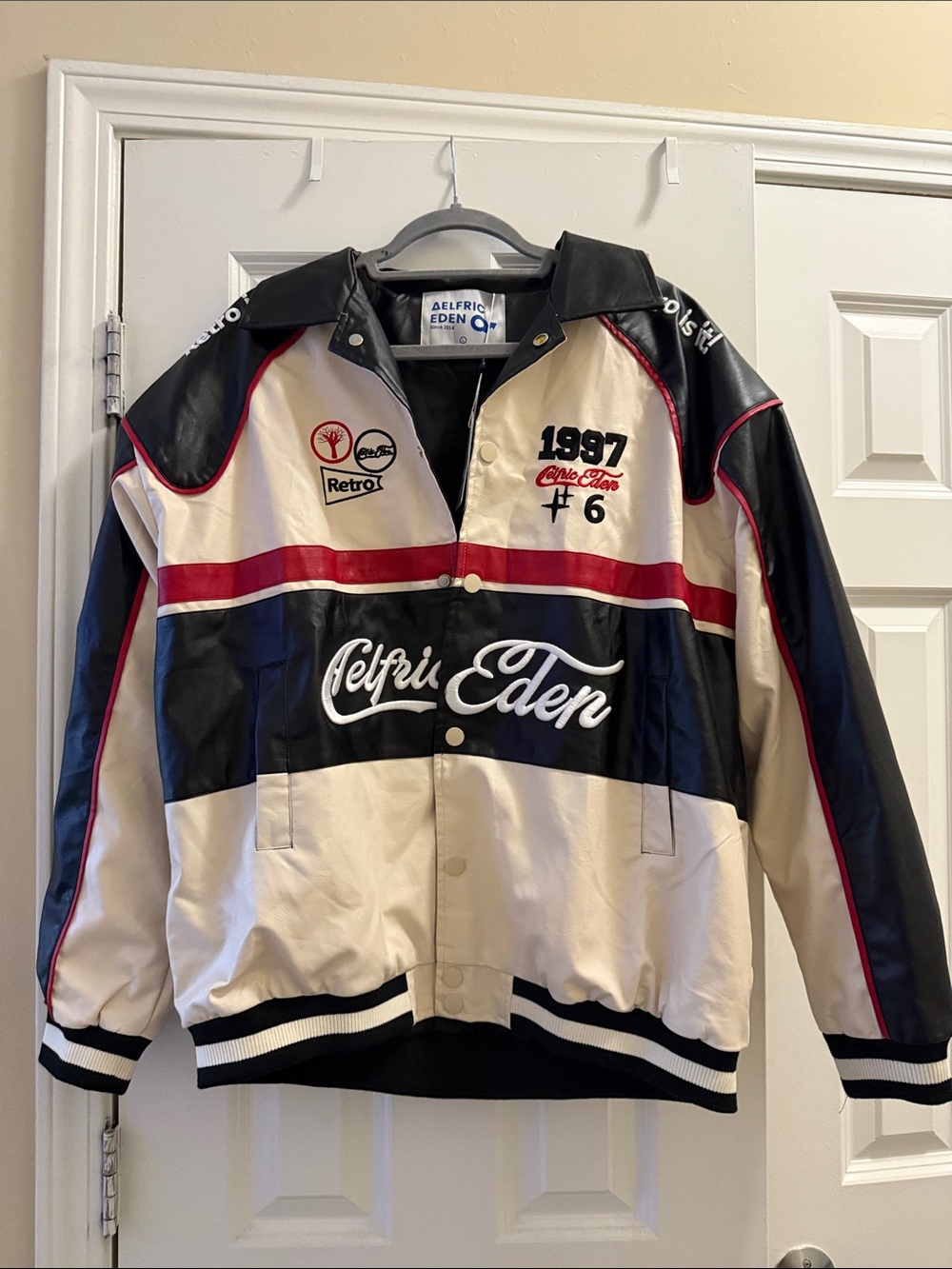Aelfric Eden Retro Racing Jacket in Black, Cream & Red
